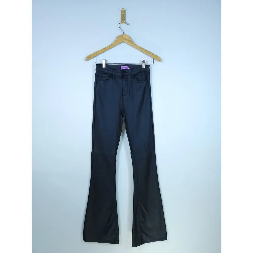 Edikted Medium High-rise Black Coated Faux Leather Flare And Stretchy Pants - Picture 2 of 12